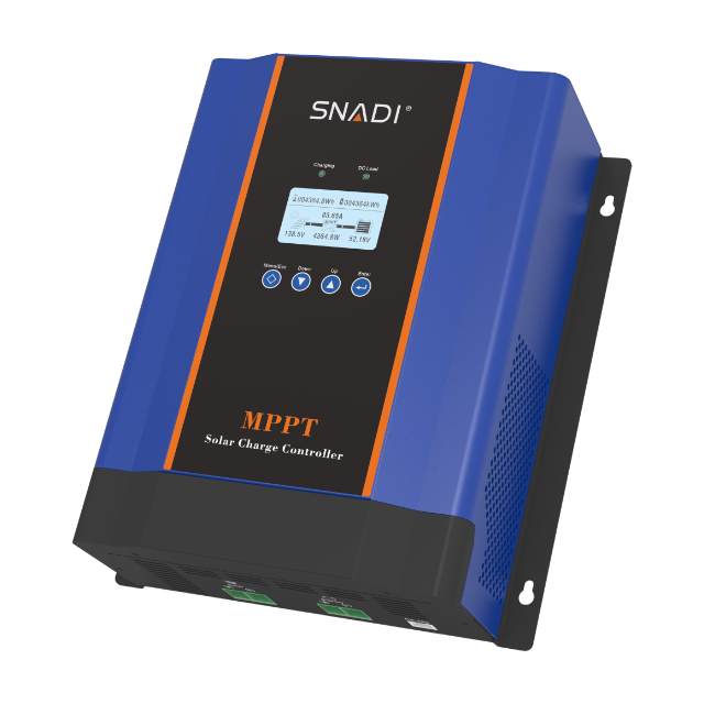 Side perspective of SNADI CM series 100A MPPT solar controller highlighting its high-capacity industrial design and advanced heat dissipation.