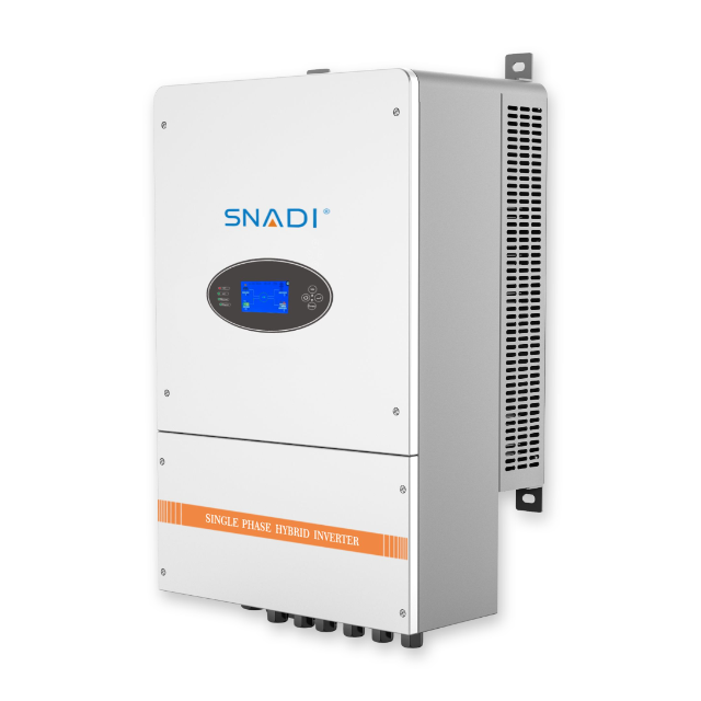 An angle view of the SNADI BLD 8KW single phase hybrid solar inverter, displaying the front panel, detailed LCD screen, and partial side structure. Isolated on white.