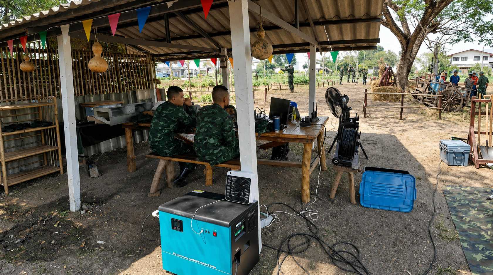 Portable off-grid solar energy storage system providing power for a remote outdoor camp in Chiang Ma