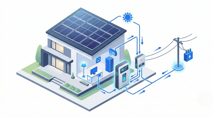 Isometric illustration of SNADI residential energy storage system showing seamless integration of solar panels, hybrid inverter, and home battery cabinet for smart energy management.