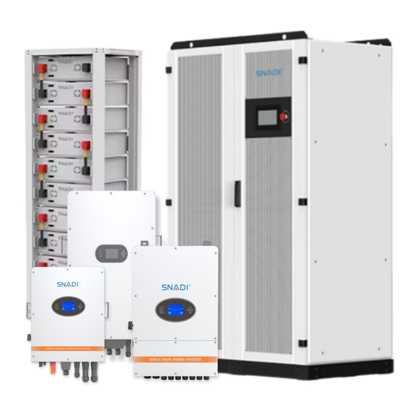 SNADI modular stackable commercial energy storage system featuring hybrid inverters and high-capacity lithium battery racks for scalable business power.