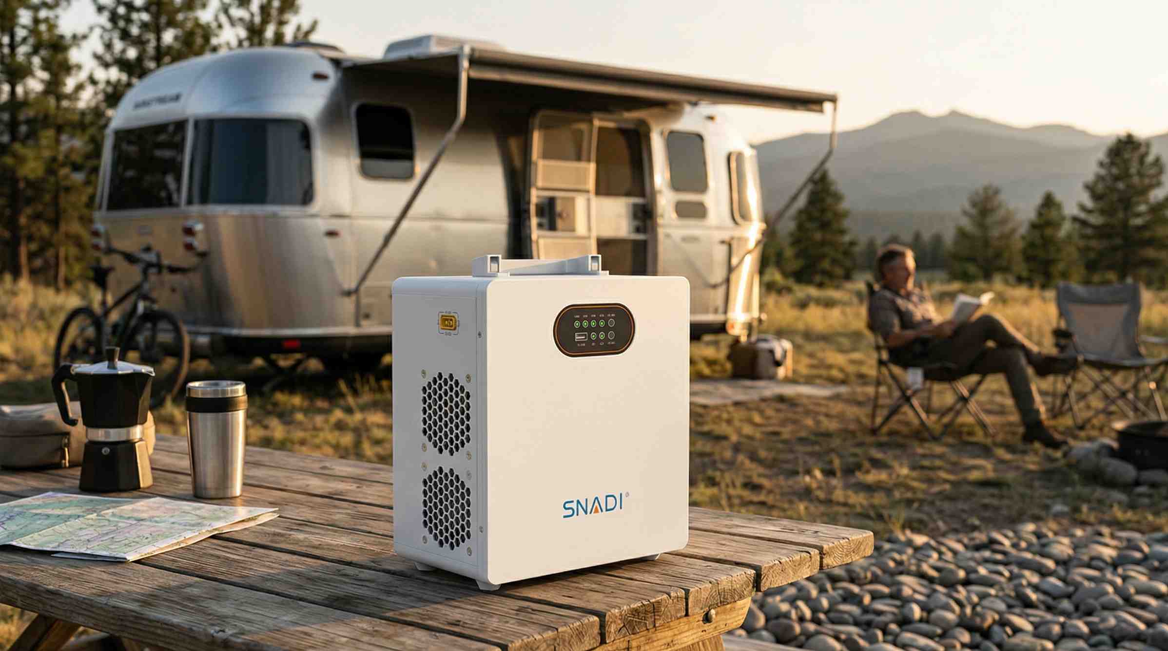 SNADI portable power station on a wooden picnic table at a scenic RV campsite, providing off-grid power for outdoor adventures.