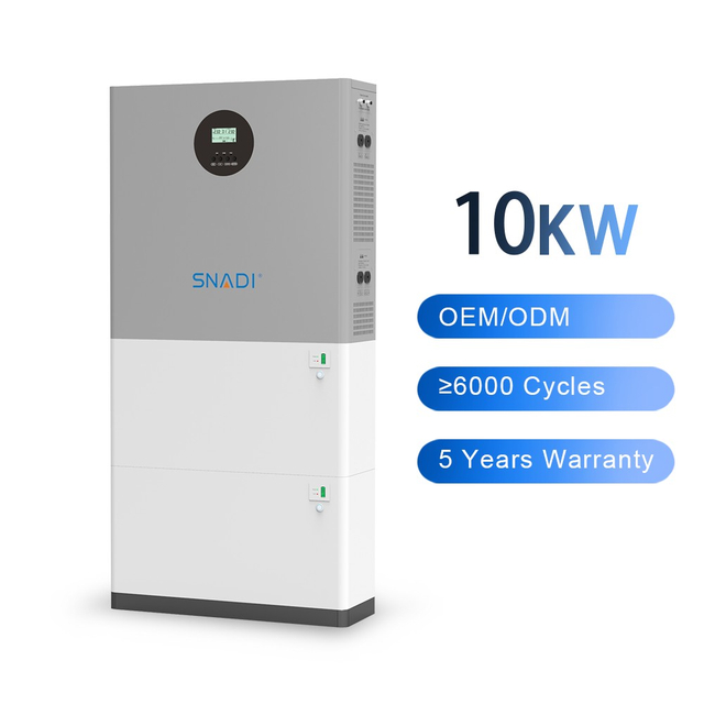 SNADI 10kW stacked solar energy storage system with 51.2V LiFePO4 battery and 5-year warranty.