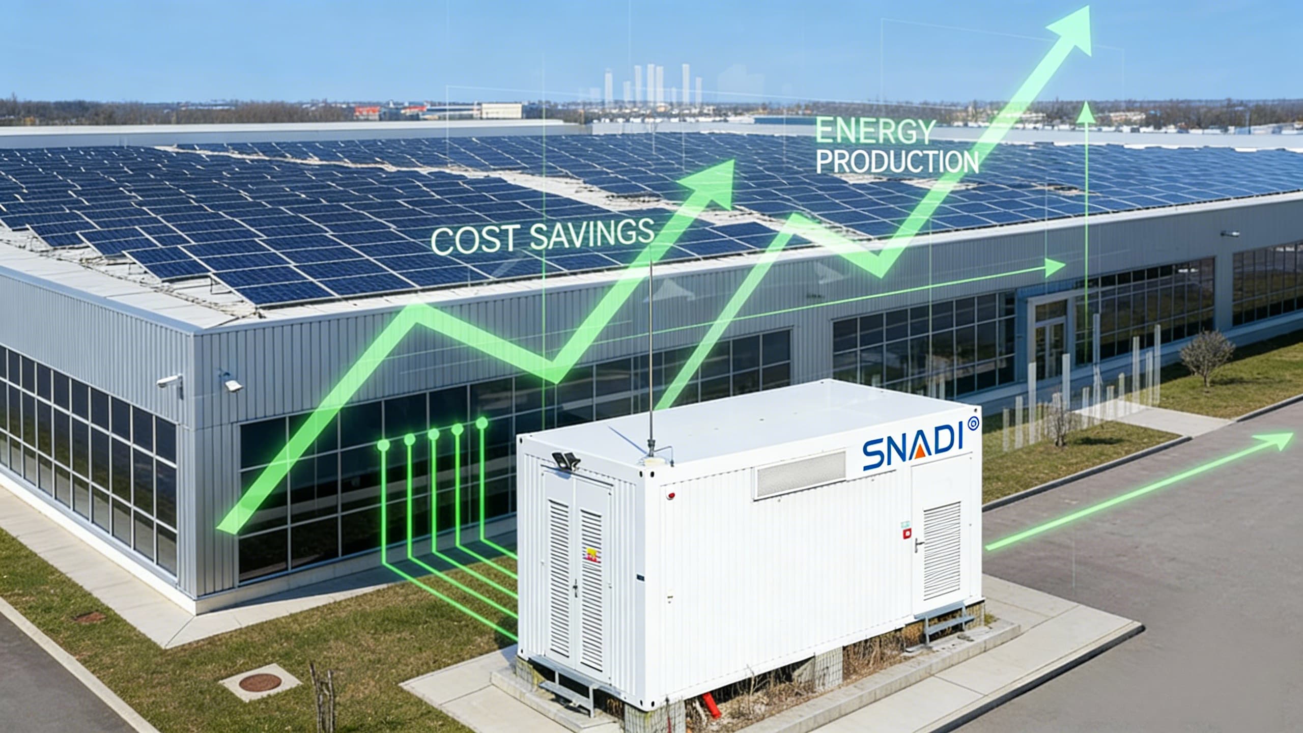 SNADI industrial battery energy storage system (BESS) integrated with factory rooftop solar panels, featuring digital overlay of cost savings and energy production.