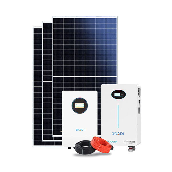 SNADI 5KW 14KWH home solar power system featuring a hybrid inverter, 5000LP lithium battery, solar panels, and PV cables.