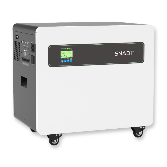 Left side perspective of SNADI HTB 5kW solar power generator showing AC outlets, connectivity ports, and industrial cooling vents.