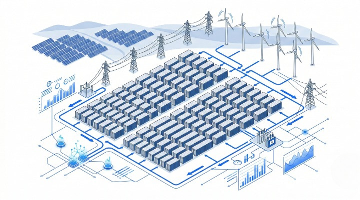 Utility scale Battery Energy Storage System (BESS) illustration by SNADI, showcasing large scale container arrays integrated with solar and wind farms for grid stability.
