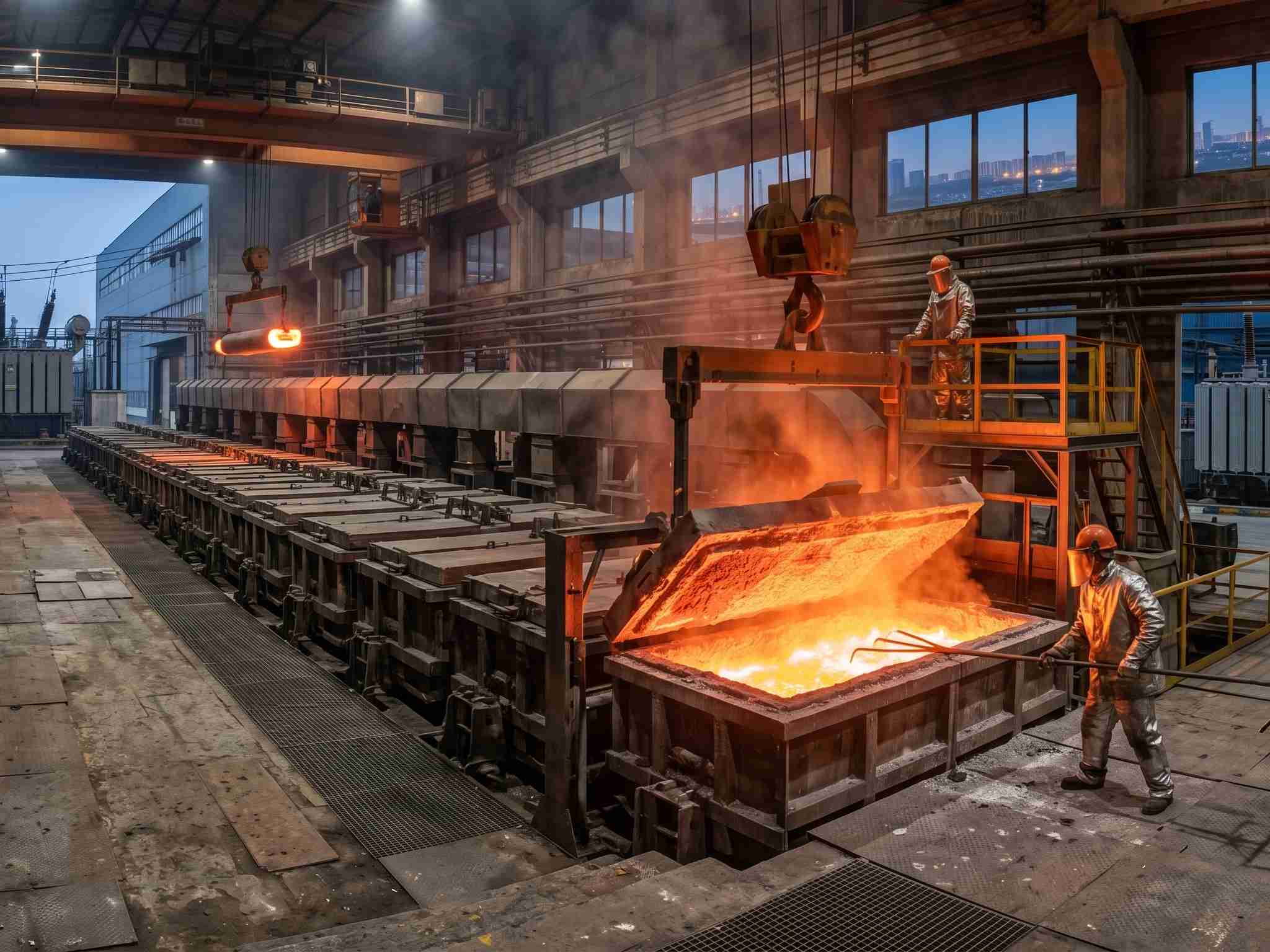 High-energy consuming industrial production plant with smelting furnace, illustrating a prime application scenario for commercial battery energy storage systems to optimize peak-load costs.
