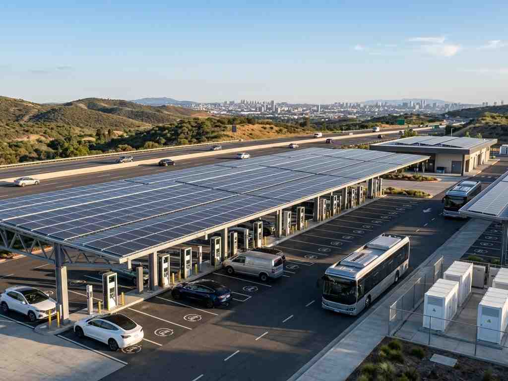 An aerial view of an integrated commercial solar-plus-storage EV charging station. A large solar panel canopy covers multiple charging ports with electric vehicles charging, next to a fenced area housing a bank of white commercial energy storage system cabinets.