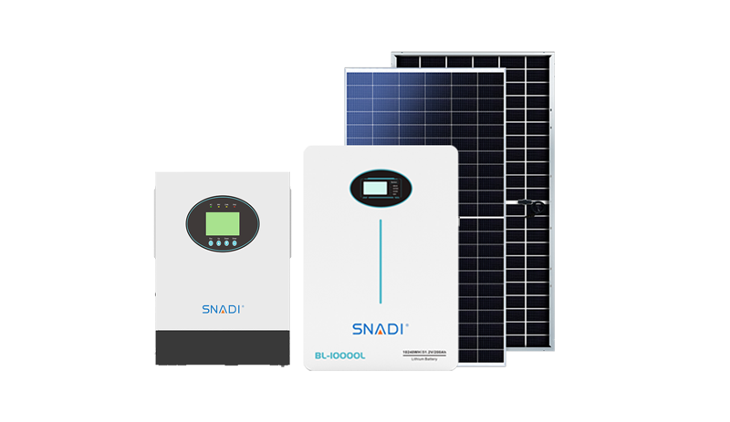 SNADI residential solar storage solution including PV panels, hybrid inverter, and lithium battery.