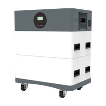 A right-side perspective of the HDB Stacked Solar Energy Storage System featuring a 12KW hybrid inverter and stacked LiFePO4 battery modules with mobile wheels.