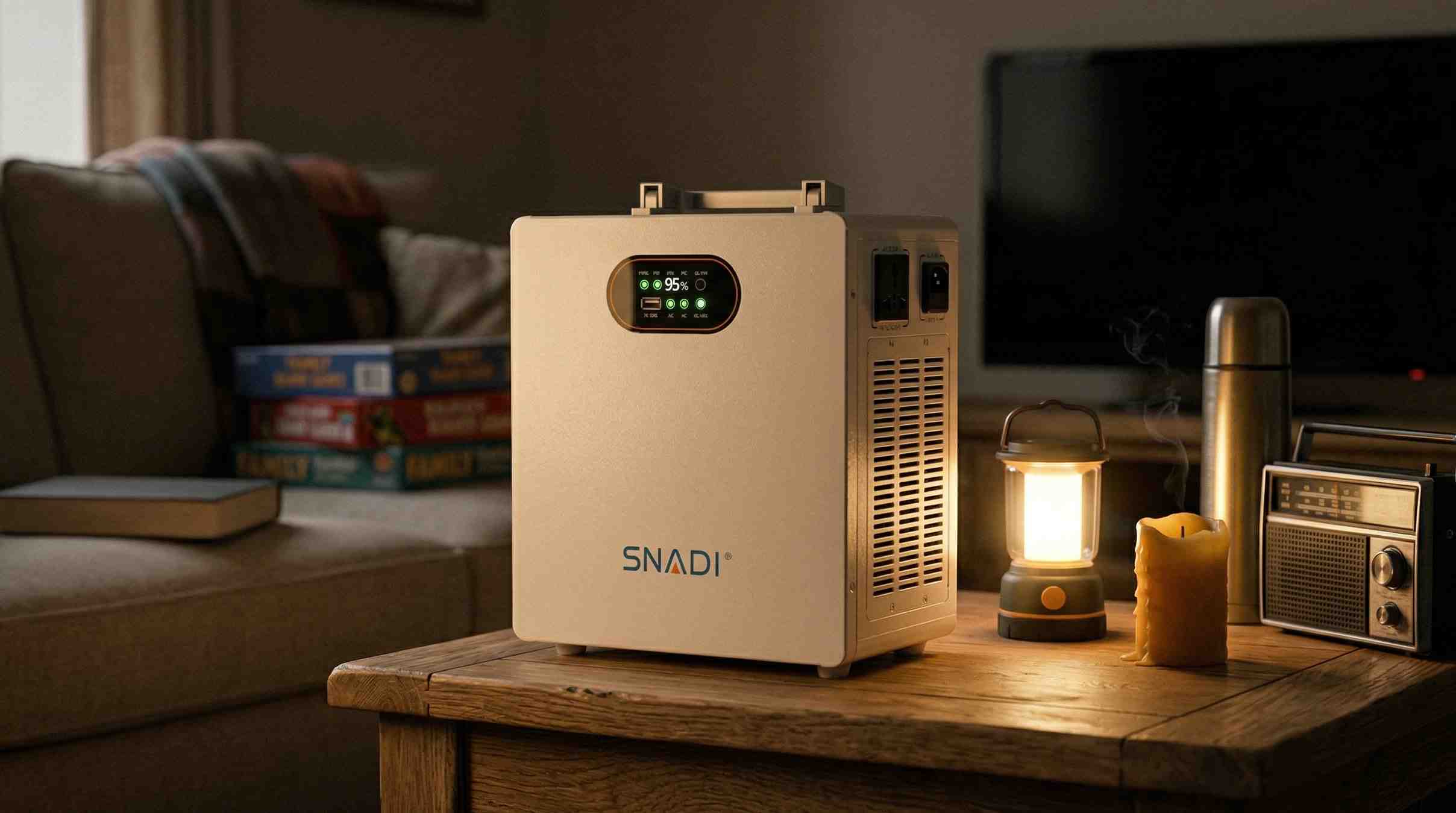 SNADI portable power station on a wooden table providing backup energy during a home power outage, featuring a warm emergency lighting scene.