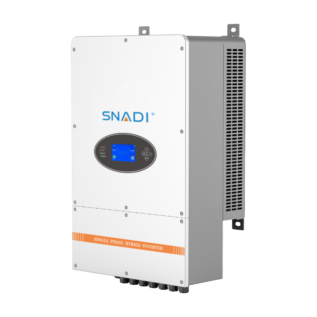 Right side isometric view of SNADI BLD 10kW-12kW single phase hybrid inverter featuring robust cooling vents and interactive LCD display.