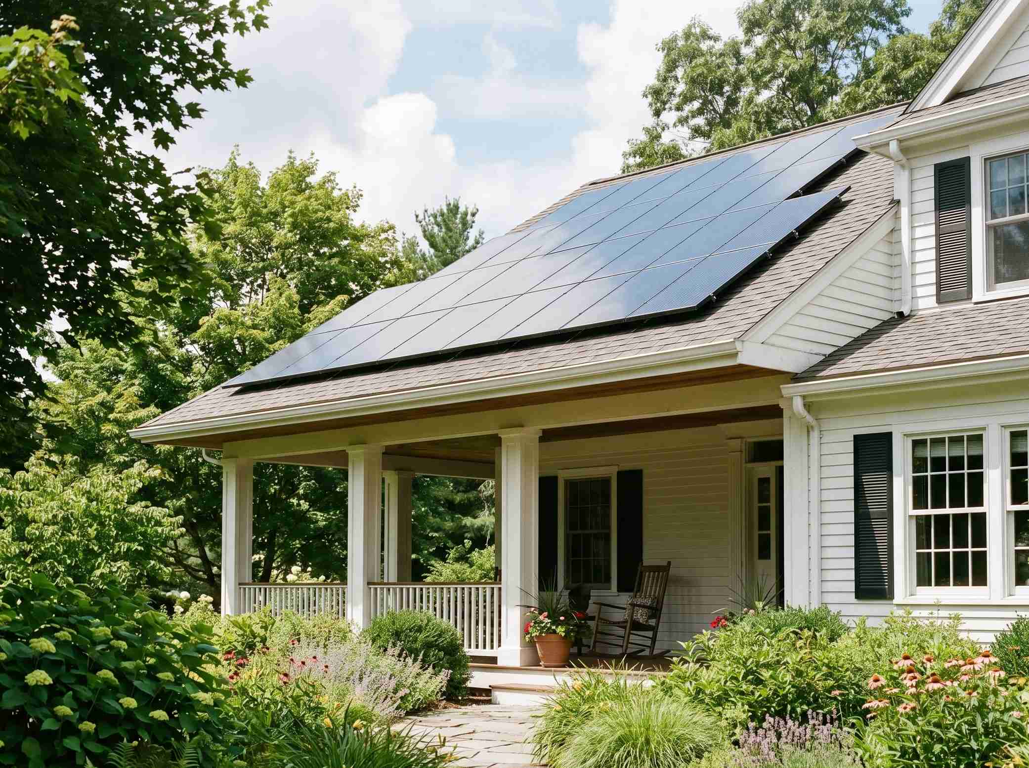 A large modern dark roof canopy with an integrated solar panel array on a luxury mountain home for residential energy storage.