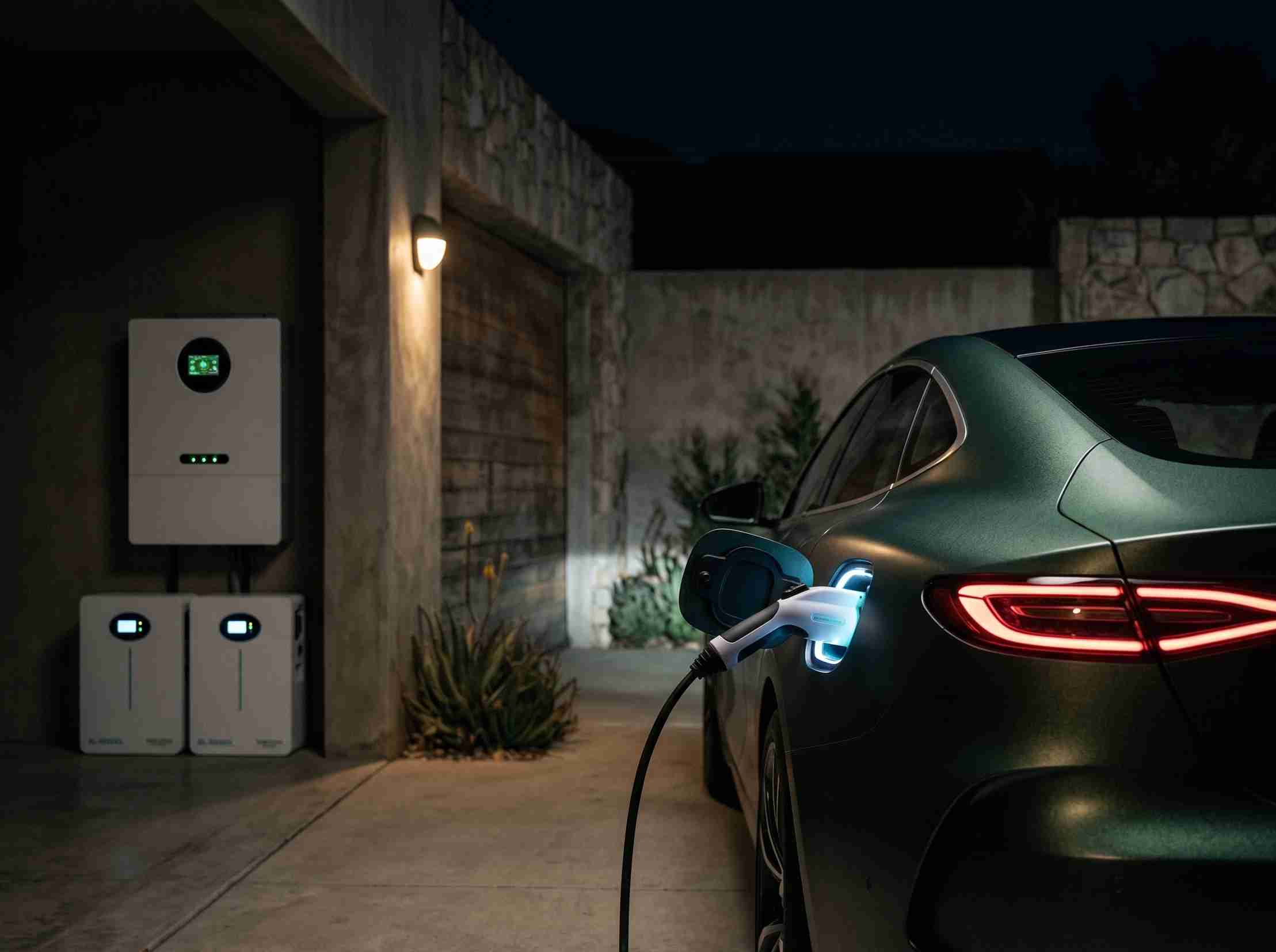 A dark green electric vehicle (EV) charging at a modern home with a SNADI residential energy storage system mounted on the wall. The green-lit LCD display shows system data.