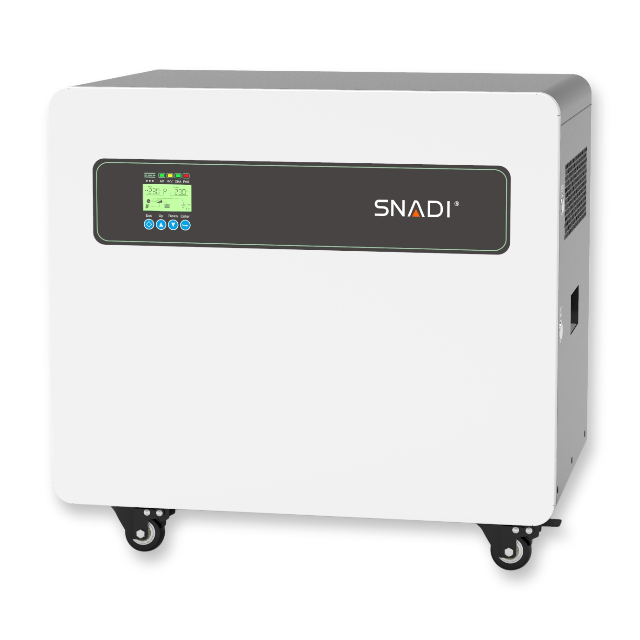 Right perspective of SNADI HTB 3.6kW portable solar power system with heavy-duty wheels for flexible home and outdoor energy backup.