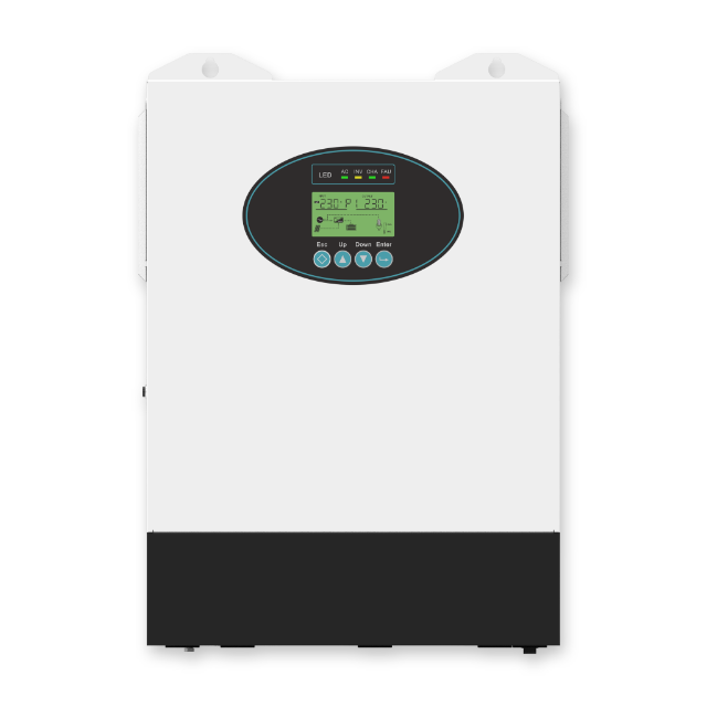 Front view of SNADI NKH-3600 3.6KW off-grid hybrid solar inverter featuring an LCD display and pure sine wave output.