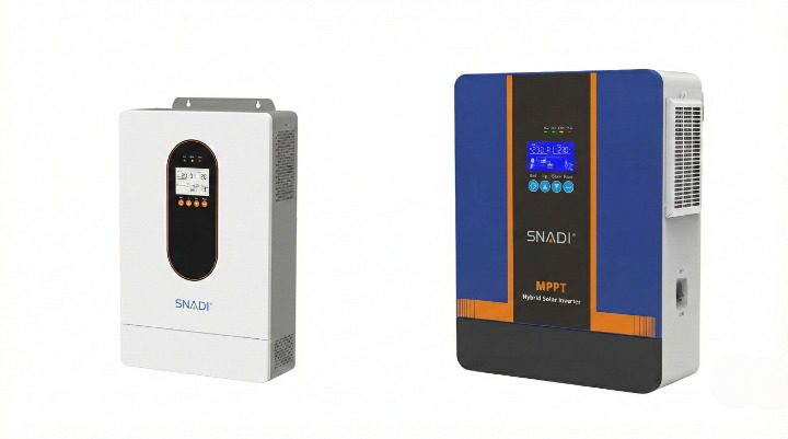 Two SNADI/SNAT hybrid solar inverters for home power systems, isolated on white background.