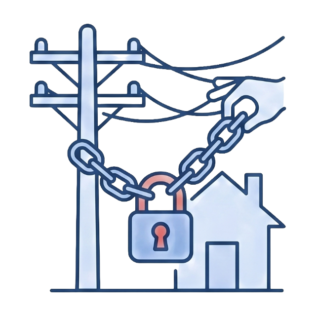 A house chained to a utility pole with a large lock, symbolizing the lack of control over traditional energy sources and the freedom of solar.
