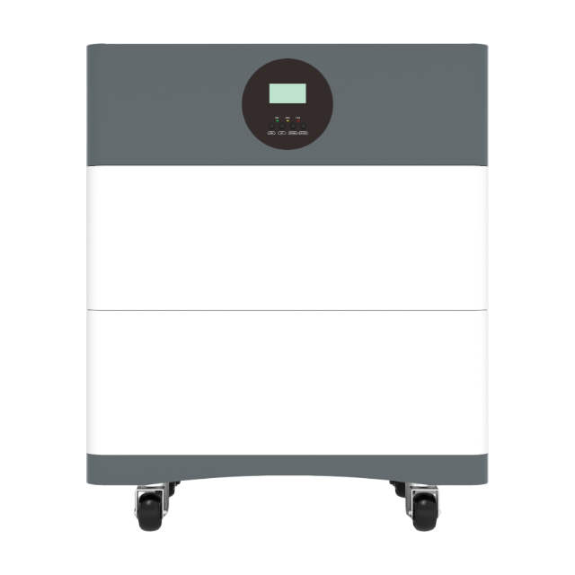 Front view of SNADI HDB series stacked modular solar energy storage system with circular LCD display and stackable LiFePO4 battery units.
