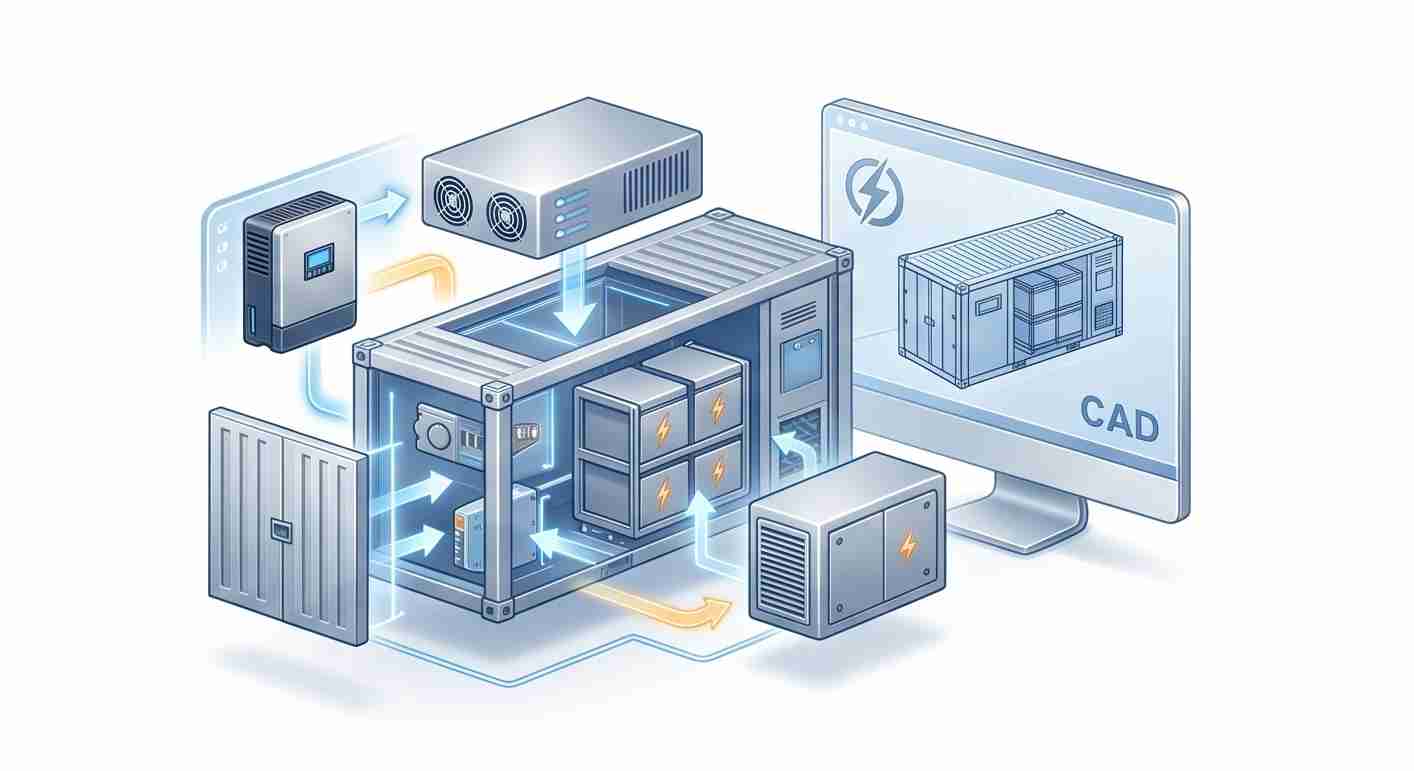 3D CAD engineering design for a customized containerized energy storage system (ESS).
