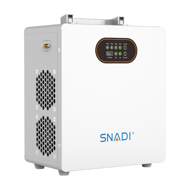 SNADI MS Series portable power station showing solar input charging port and dual intelligent cooling fans.