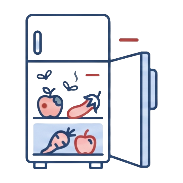 Minimalist icon showing a refrigerator with spoiled food due to a power outage, representing the need for solar backup.