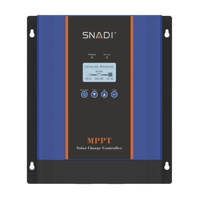 Angled front view of SNADI CM 100A solar controller showing the multi-function LCD for real-time battery and PV data monitoring.