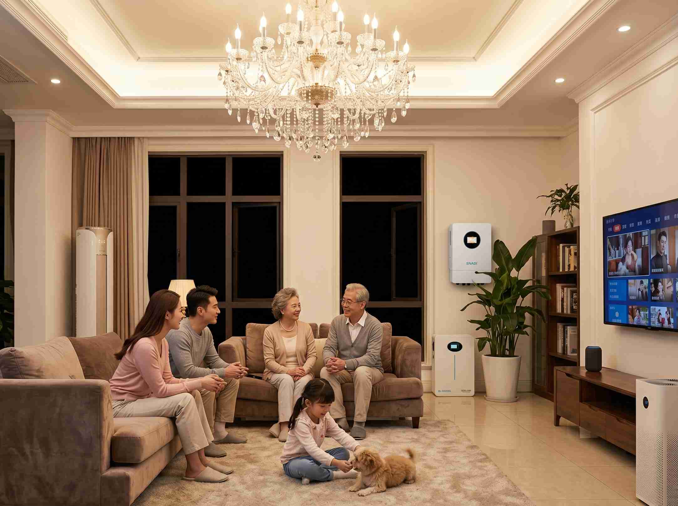 A happy family gathers in a modern living room, with a wall-mounted SNADI Residential Energy Storage System (home battery) ensuring continuous power. The scene showcases reliable home energy management and backup power for a multi-generational household.