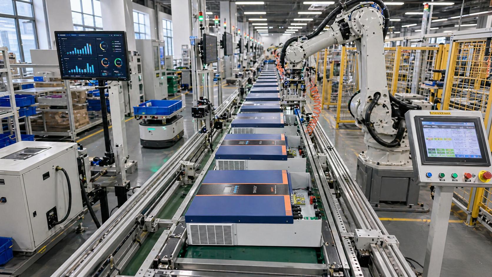 Automated smart factory production line using robotic arms for precision assembly of SNADI solar inverters and power electronics.