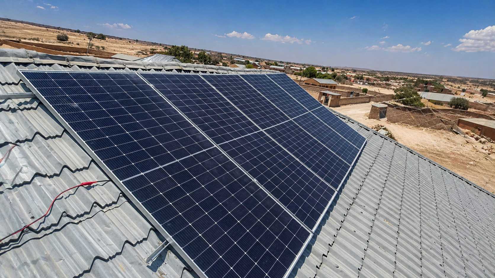 A 3.6kW residential rooftop solar panel installation on a metal roof in a rural area of Pakistan.