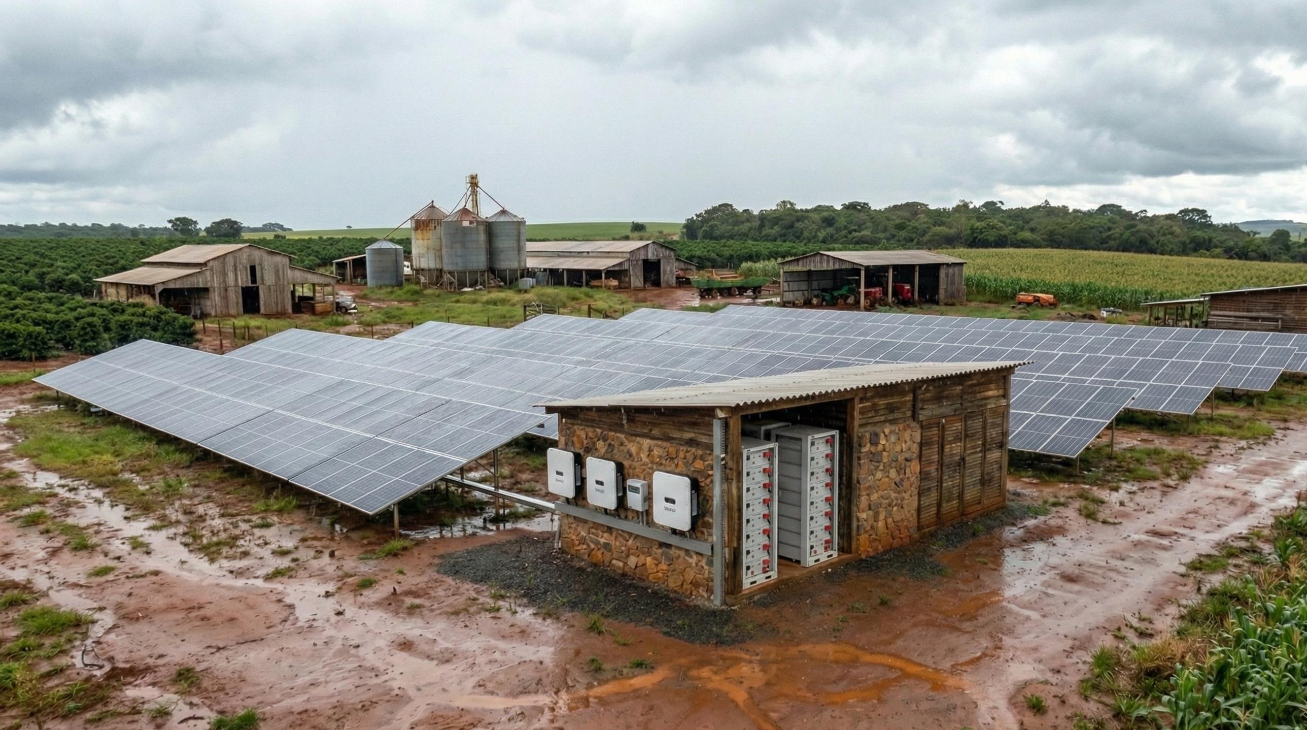 150kW off-grid solar power plant installed on a large agricultural farm in Brazil.