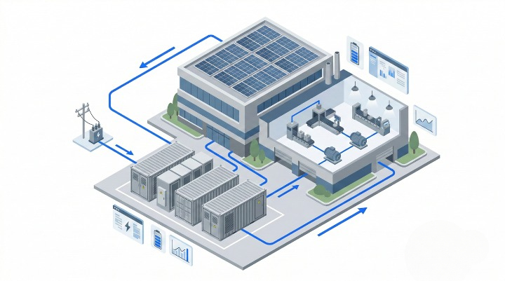 A flat modern isometric view of SANT Solar commercial and industrial (C&I) energy storage solution featuring modular battery containers and factory energy optimization.