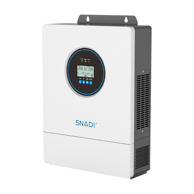 Side angled view of SNADI AS-IP54 3.6kw hybrid solar inverter with 120VAC output for the USA market.