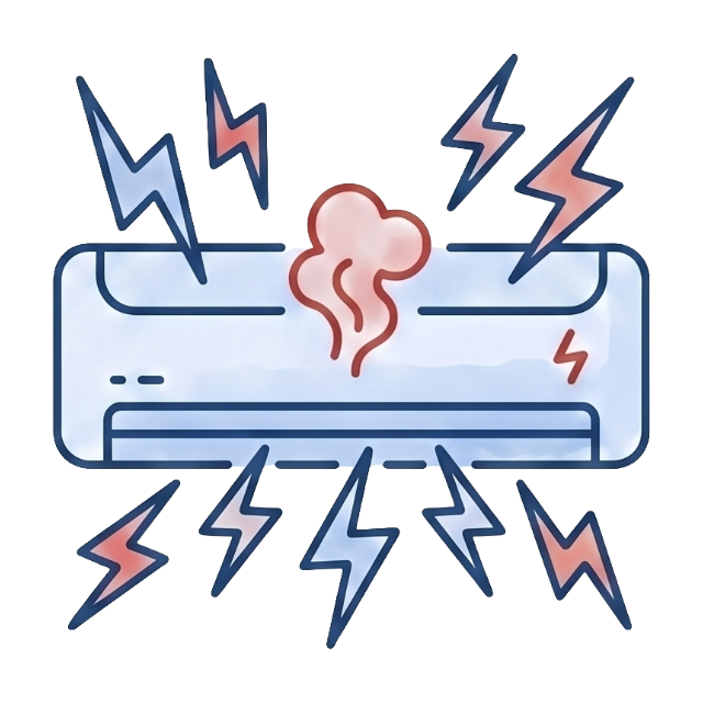 Icon of an air conditioner being damaged by electrical sparks and lightning, representing the dangers of unstable grid voltage to home appliances.