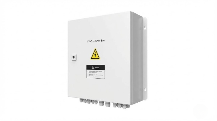 White PV Combiner Box with warning label and cable glands on a white background
