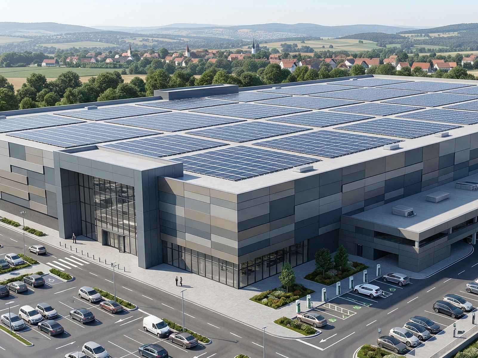 Large-scale c&i solar energy solution featuring a shopping mall with rooftop solar panels.