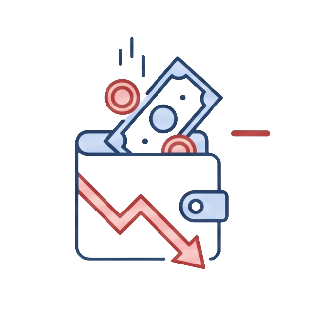 Icon of a wallet with money falling out and a downward arrow, symbolizing financial loss from high energy costs and utility bills.