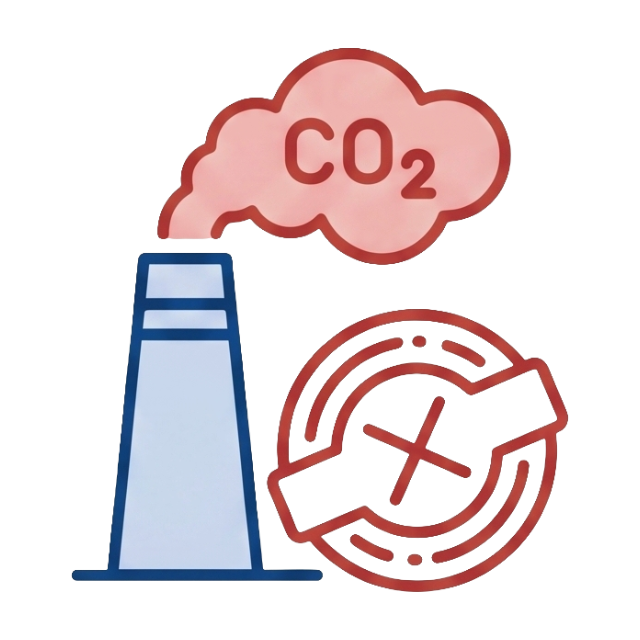 Icon showing a factory chimney emitting CO2 with a red regulatory stamp, representing strict carbon taxes and non-compliance penalties.