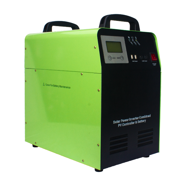 Left side view of the green AL series solar energy storage system, highlighting the Cover For Battery Maintenance panel and portable dual-handle design.