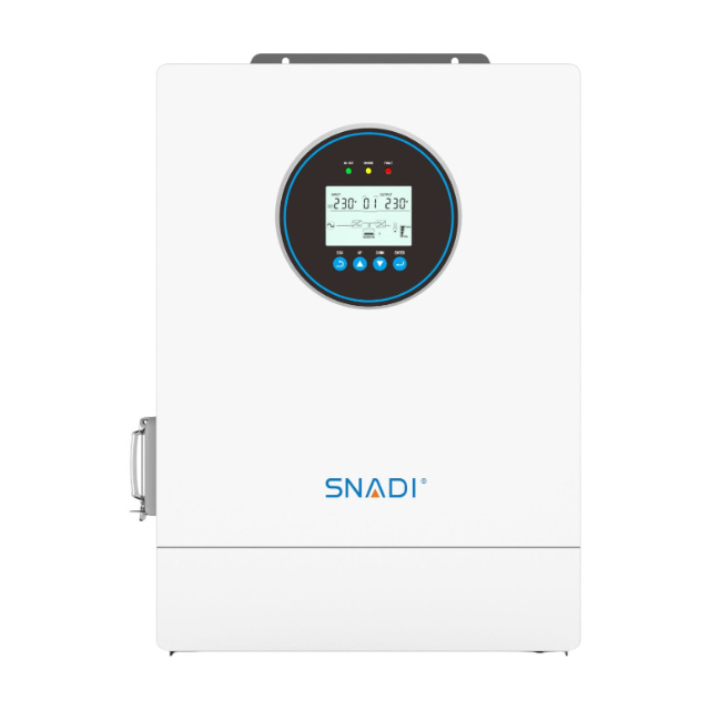 Front interface of SNADI AS-IP54 inverter showing the circular LCD display and control buttons for real-time monitoring of MPPT and output status.