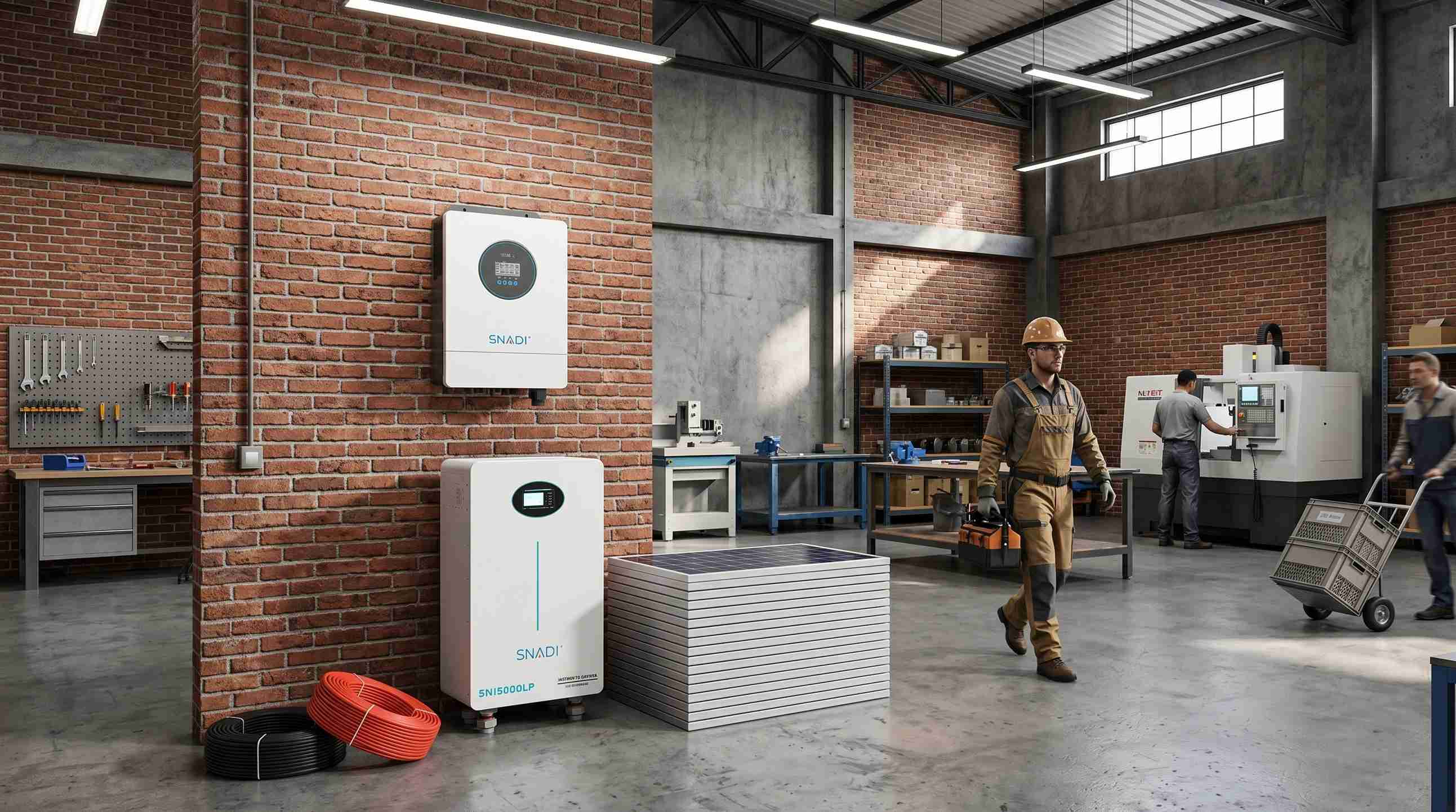 Industrial workshop interior featuring a SNADI 10kW hybrid inverter and 48kWh energy storage battery to support manufacturing machinery and reduce operational costs.