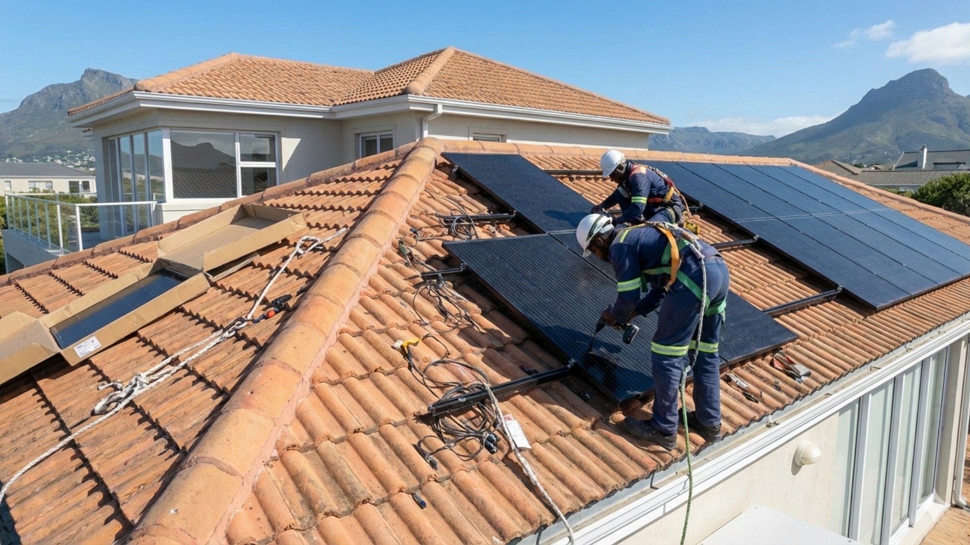 Professional technicians installing solar panels for a 12kW residential system in Cape Town.
