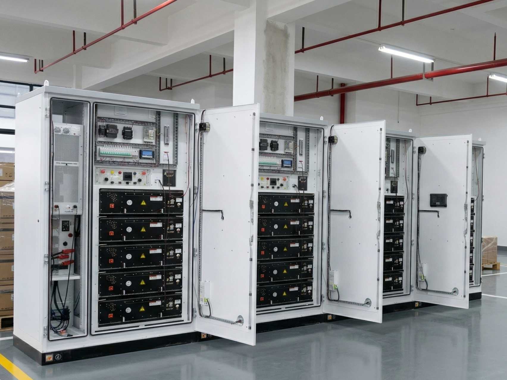 A multi-cabinet SNADI custom energy storage solution (BESS) installed in a professional factory.