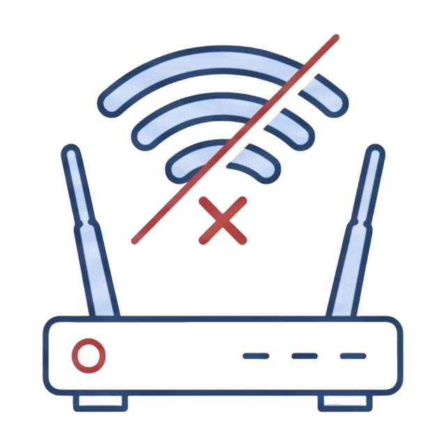 Icon of a Wi-Fi router with a disconnected signal symbol, representing lost internet connectivity during a power failure.