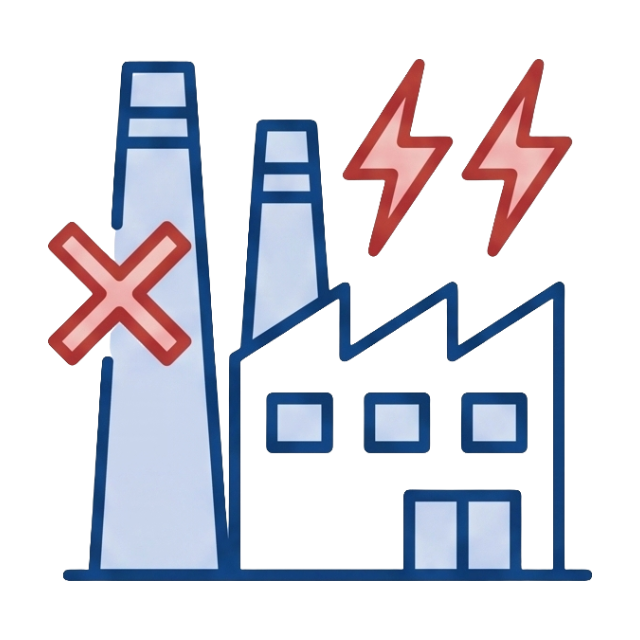 Industrial factory icon with lightning bolts and a red cross, illustrating how sudden blackouts paralyze production lines and operations.