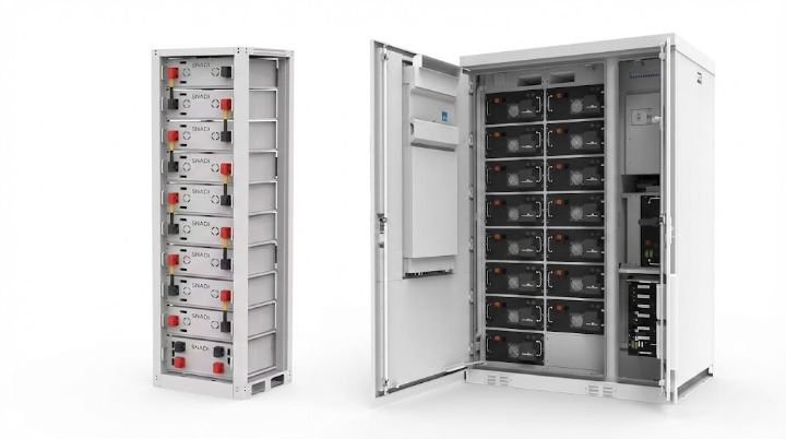 Commercial ESS: Stackable LiFePO4 battery rack and all-in-one outdoor storage system.