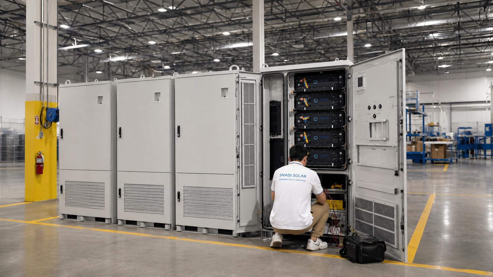 Professional SNADI SOLAR technician performing maintenance and quality checks on a large-scale industrial energy storage cabinet.