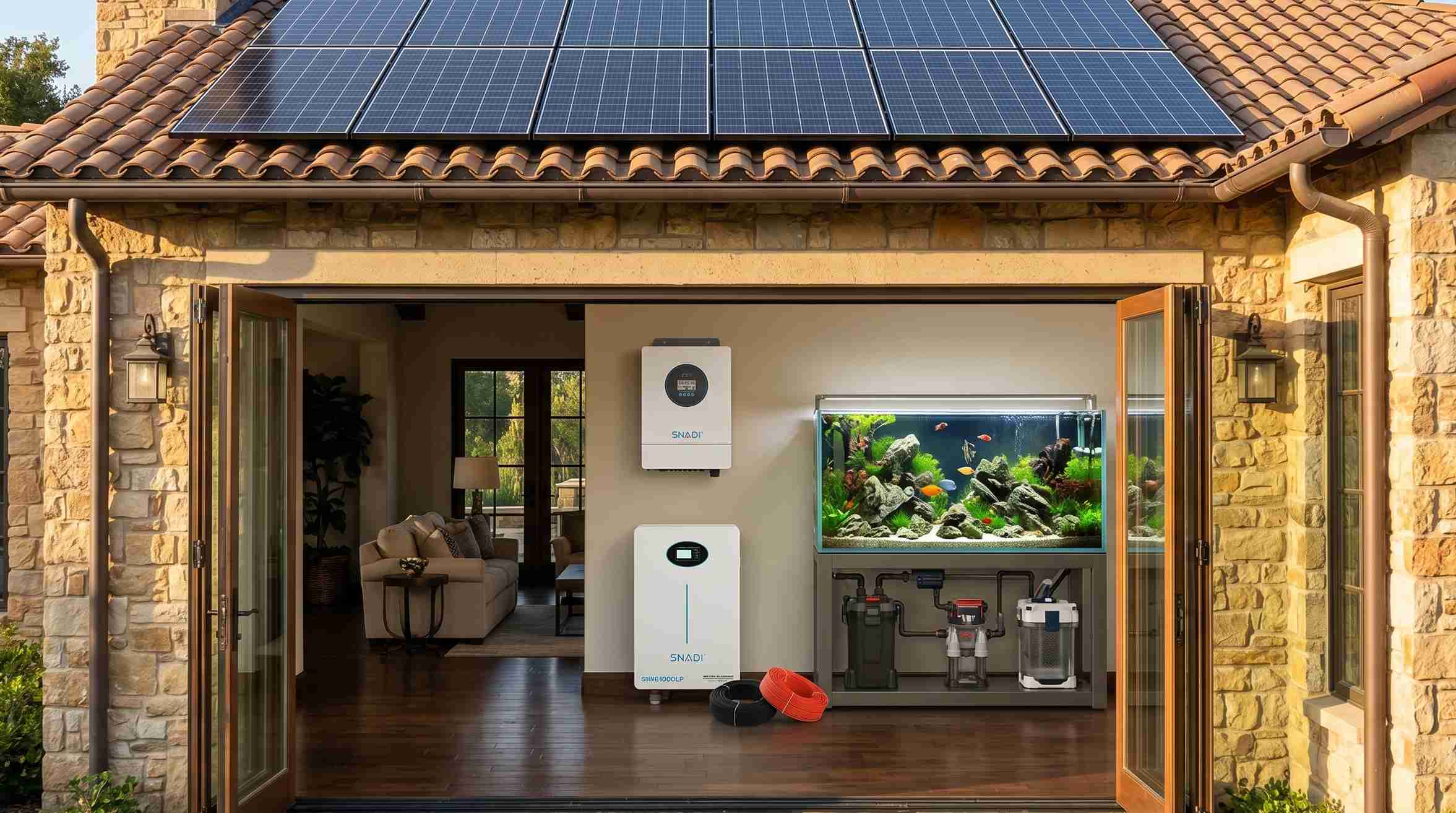 SNADI 10kW split-phase inverter and 48kWh lithium battery energy storage system installed in a luxury home, providing backup power for critical loads like an aquarium.