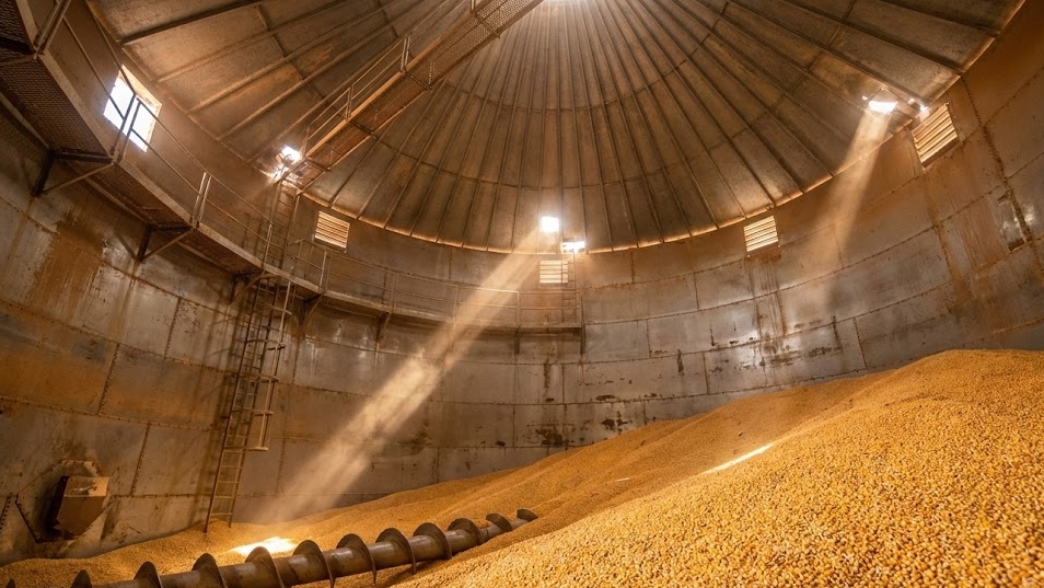 Interior of a grain silo in Brazil where the internal conveyor and auger systems are powered by a 150kW off-grid solar system.